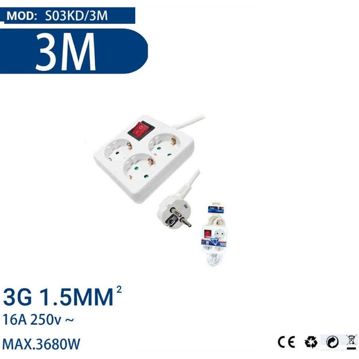 Priză multiplă pătrată cu 3 ieșiri, de 3 metri, cu întrerupător, protecție pentru copii, 3G 1.5mm², Alb 16A 3680W