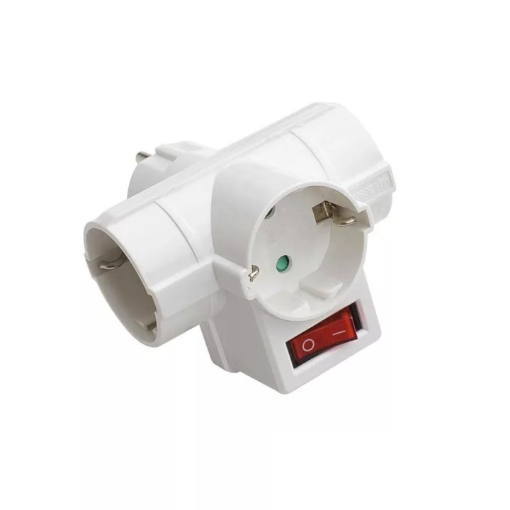 T-adaptor rețea 3D cu 3 prize și întrerupător, alb, cu protecție pentru copii, 16A 3680W