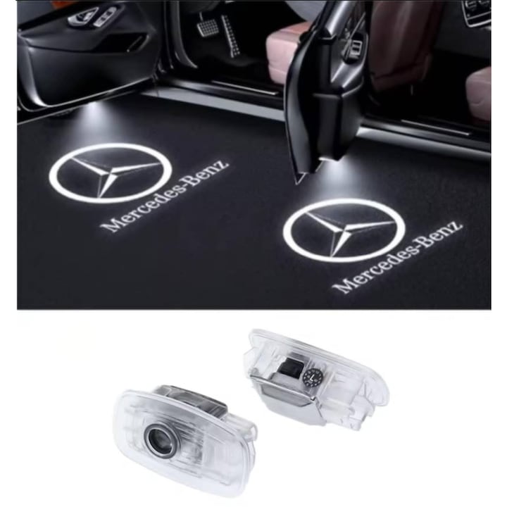 Lampi Portiere Auto MERCEDEZ BENZ, Holograma LED cu LOGO, Compatibile cu C118, C257, A238, C238, C218, X218, C257, W218, W219, W222, ANGGT, A207, C207, Set 2 bucati, Lentile de sticla, Instalare Plug & Play, Calitate premium, BZ17