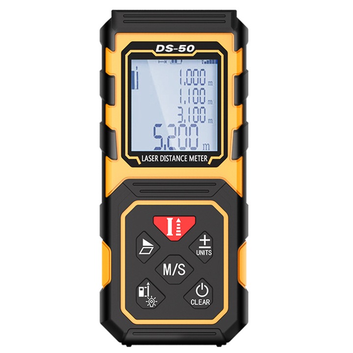 Telemetru laser profesional cu display digital, masurare rapida pana la 50 metri, carcasa durabila, negru/galben