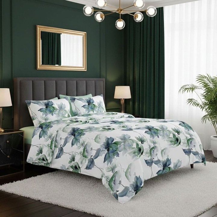 Dupla ágynemű, 4 részes, 230 x 250 cm, Különleges Ágyneműk, Elvo zöld virágok
