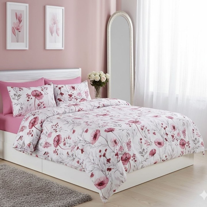 Dupla ágyneműhuzat, 4 részes, 230 x 250 cm, Különleges ágyneműk, Elvo rózsaszín pipacs