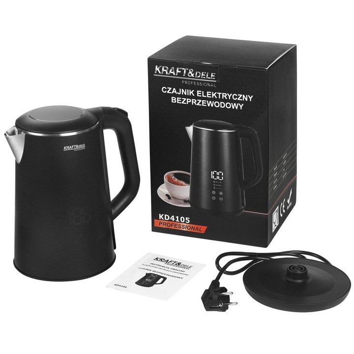 Fierbator electric cu control al temperaturii, afisaj LED, capacitate 1.6 litri, 1500W, carcasa satinata, negru, Kraft