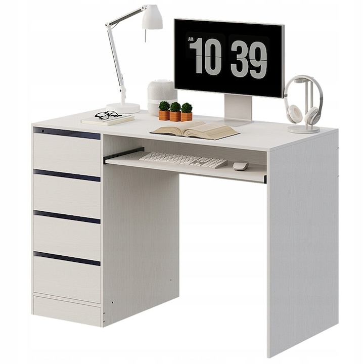 Birou pentru computer, MUVU, alb, modern, cu sertare