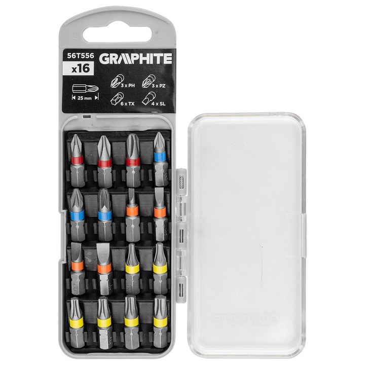 Set de biti SL3/4/5/6, PH1/2/3, PZ1/2/3, TX10/15/20/25/27/30 x 25 mm, 16 buc. 56T556