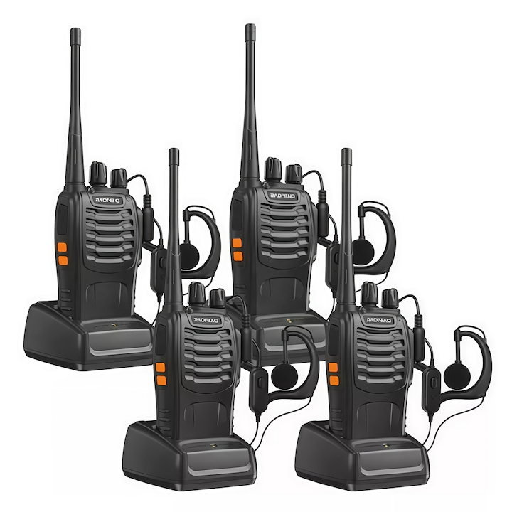 Set 4 statii radio portabile emisie receptie PROGRAMATE in banda de licenta libera, Walkie Talkie, 1500mAh, 16 canale, Baofeng BF-888s