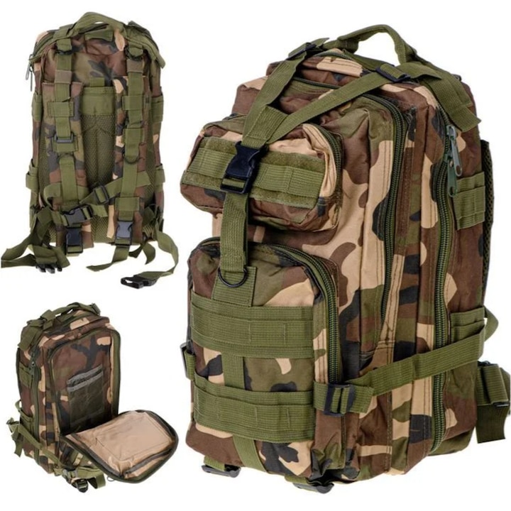 Ghiozdan/rucsac tactic, Volum 28L, 5 compartimente, model Survival, camuflaj, verde si maro, Reglabil, Izolatie termica, 23x26x45 cm