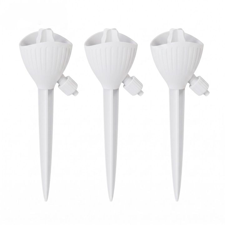 Aspersor automat cu debit reglabil, potrivit pentru ghivece de flori si sisteme de irigare prin picurare. Alb, material PP, 24 de grame, 5,9 x 5,4 x 17,7 cm