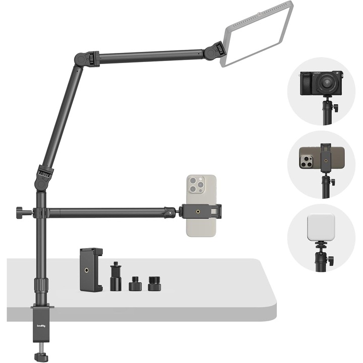 Статив за фотоапарат Smallrig, За DSLR камери, Стойка с 2 рамена, Гъвкаво подвижно рамо, Сферична глава на 360°, Винт 1/4 инча, C-скоба за закрепване към маса, За фотография, Видеозаснемане, Стрийминг на живо и професионална видео продукция