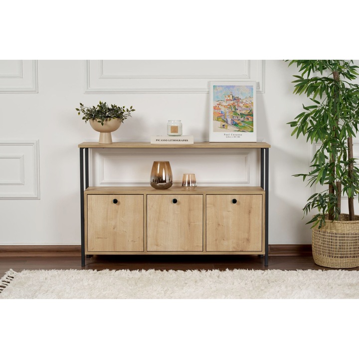 Comodǎ, Hannah Home, 100% PAL melaminat, stucturǎ 100% metalicǎ, 120x75x30 cm, Solace Oak Black