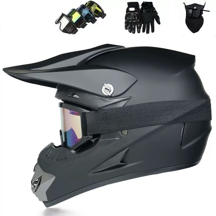 Set Casca de Protectie cu Manusi, Ochelari si Cagula, pentru Motociclete, Cross, Enduro, ATV, Dirt Bike, ABS, Negru, Interior Detasabil Lavabil, Marime L