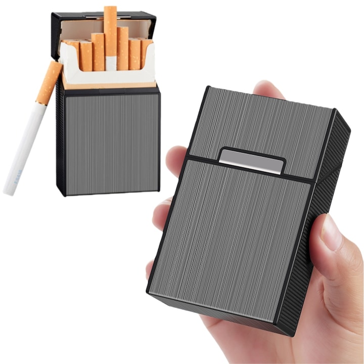 Pachet Tigara Metalic pentru Barbati, Finisaj Mat Negru, Capac 20 Tigari, Capac Basculant cu Catarama Magnetica, Etans Umezeala & Rezistent la Strivire