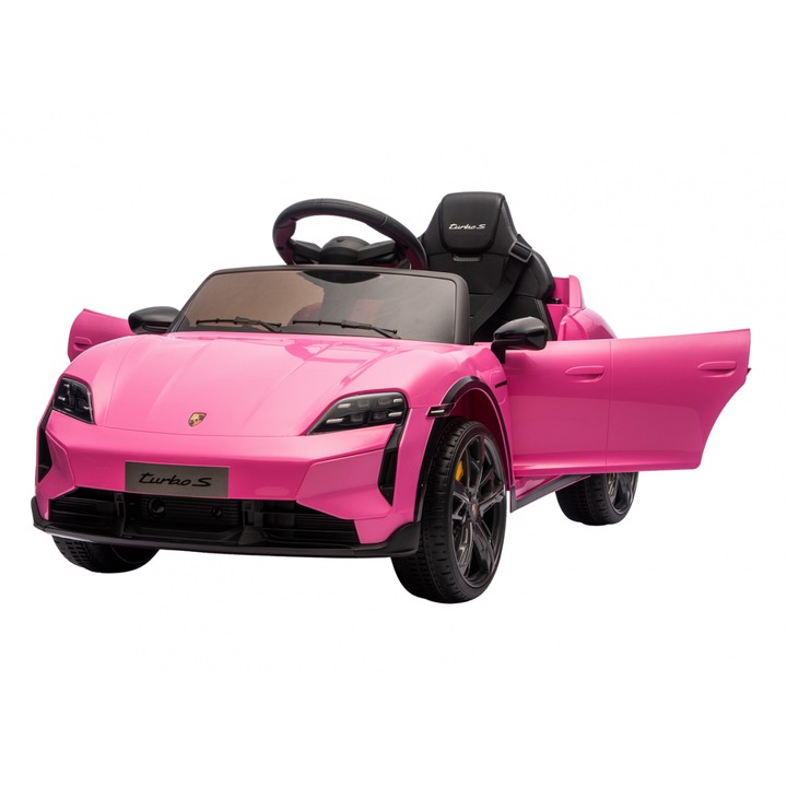 Masinuta electrica copii Porsche Taycan Turbo S Pink cu licenta, telecomanda 2.4 G, acumulator 12V, deschidere usi, faruri cu led, pornire la buton, centura de siguranta, slow start
