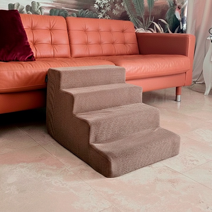 Scara pentru caini pisici animale Trufi, 4 trepte, inaltime 40 cm, lata – stabila, husa catifea detasabila, lavabila, umplutura burete masiv, grej O5