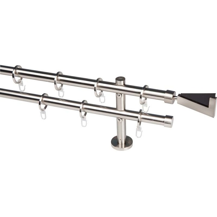 Galerie pentru draperie si perdea metal 20 mm SWITZERLAND dubla, otel-inox, 240 cm, capete DAVOS