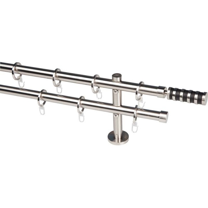 Galerie pentru draperie si perdea metal 20 mm SWITZERLAND dubla, otel-inox, 120 cm, capete ZÜRICH