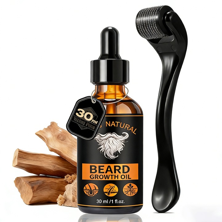 Tratament pentru barba cu aplicator cu rola, DUAIU, produs pentru stimularea cresterii barbii, ser pentru barba cu ingrediente active si aplicator cu rola, intareste si frumusetea barbii, 30 ml