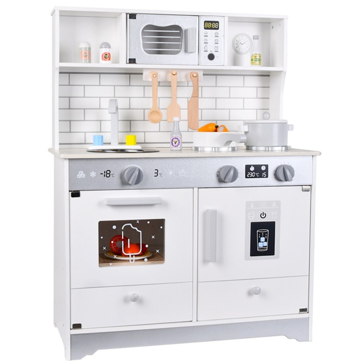 Bucatarie de jucarie din lemn pentru copii, alb 58 x 28 x 80 cm — set complet cu cuptor, plita, microunde, chiuveta, robinet, sertare & rafturi de depozitare, accesorii 3+ ani