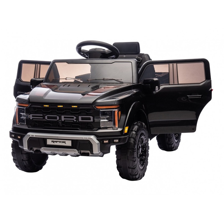 Masinuta electrica pentru copii Ford Raptor F-150 Black cu licenta, faruri led, muzica,2 motoare, acumulator 12V4,5Ah, deschidere usi, slow start, spatiu de depozitare