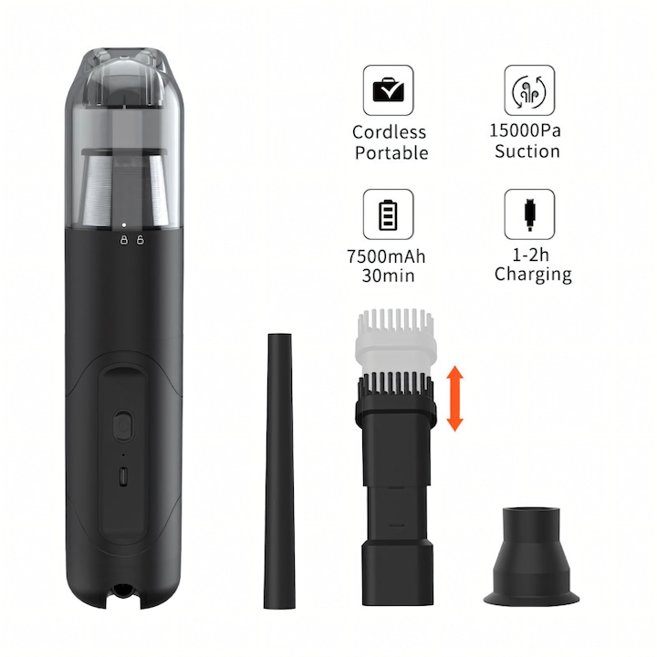 Mini Aspirator Portabil BIZAIMO, Putere aspirare 15000Pa, Filtru HEPA, Baterie 7500 mAh, Functie de suflare, 3 Accesorii incluse, Potrivit pentru masina, acasa si birou, Motor Brushless, Incarcare USB-C, Negru