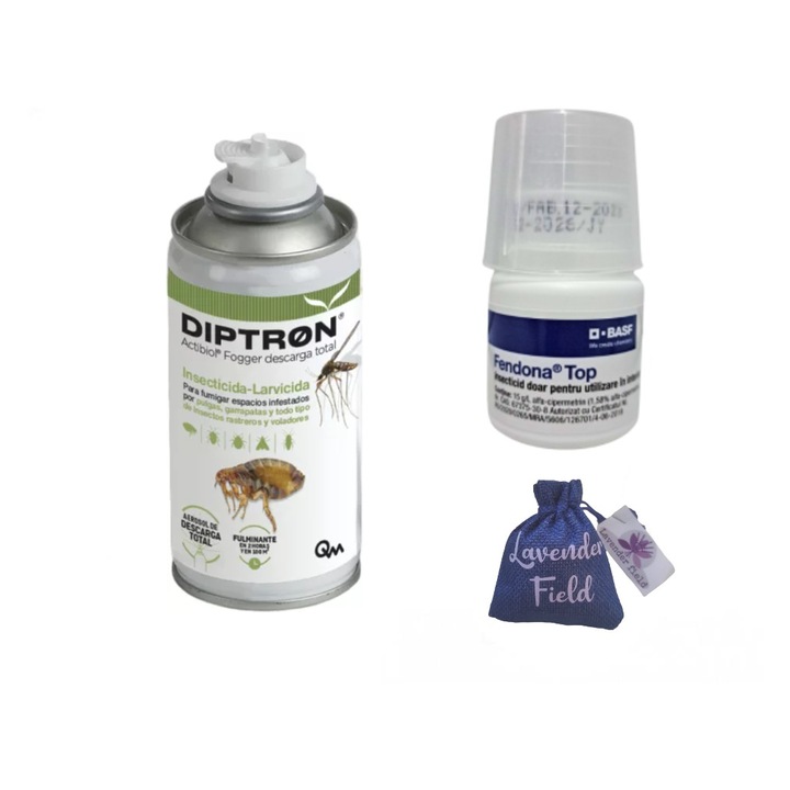 Set insecticid fumigenă Diptron 150 ml și Fendona 50 ml cu sac lavandă 10 g, pentru eliminarea gândacilor, ploșnițelor și insectelor, multicolor