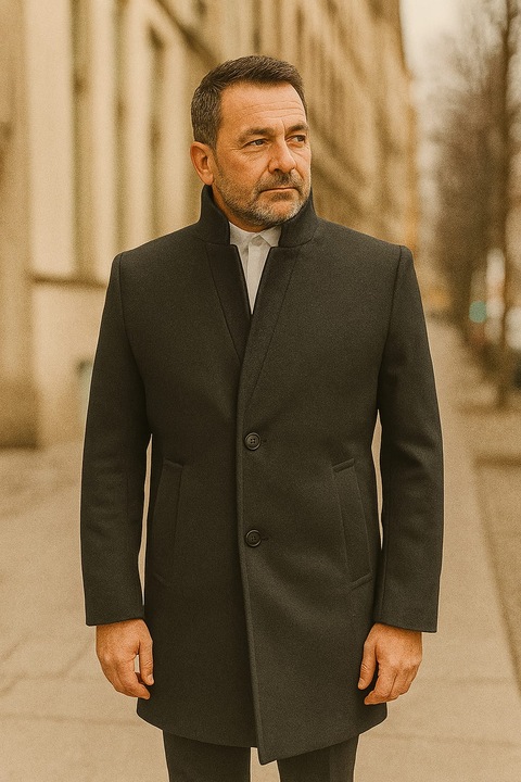 Palton bărbațesc negru, 2XL, croi slim fit, din cașmir