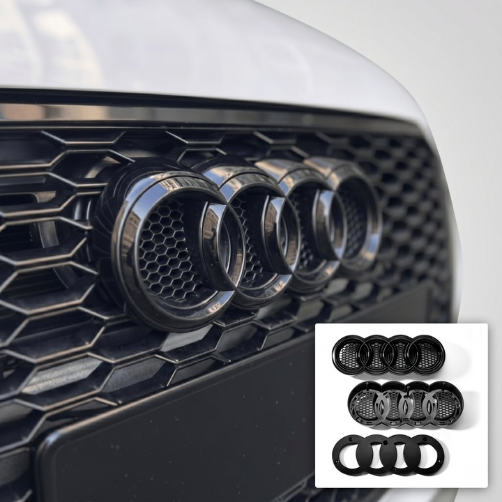 Suport Emblema Audi pentru Grila Fagure RS Look DRT WORKS + Emblema Negru Lucios, Set Montaj Complet, Compatibil A4 A5 A6 A7 Q3 Q5 Q7 Q8