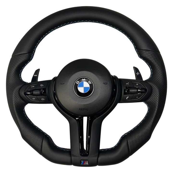 Volan Sport tesit BMW Seria 1/2/3/4/5/6/7 + X1/X2/X3/X4/X5/X6 (F20 F22 F30 F31 F32 F36 F10 F15 F25 F01), Piele Nappa&Piele Perforata, Padele, Cusaturi M, Plug&Play