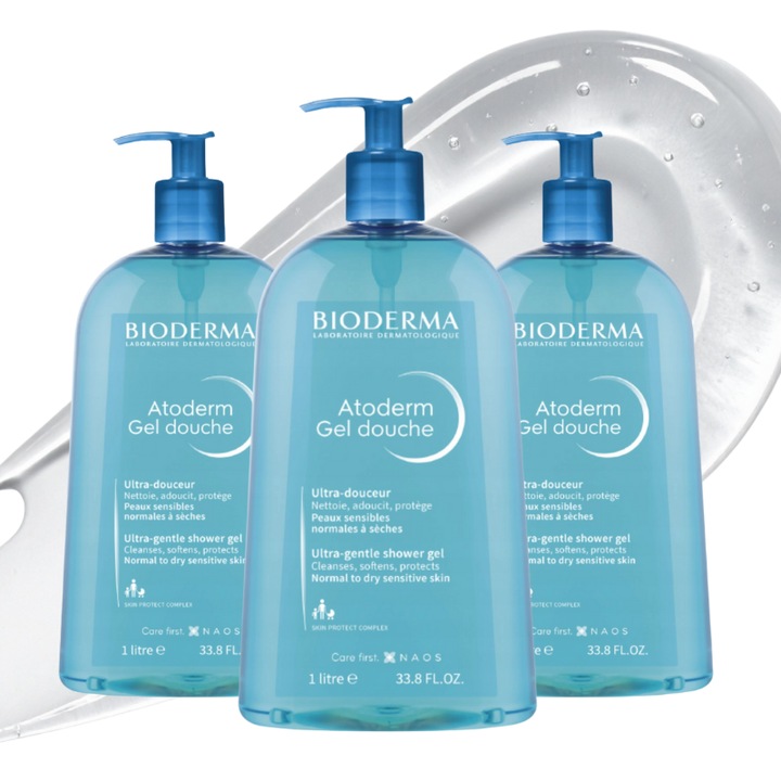 Комплект 3x Душ гел Bioderma Atoderm, за нормална и чувствителна кожа, деликатно почистване без сапун, интензивна хидратация, ежедневна употреба за лице и тяло, хипоалергенна формула, 3x1000 мл