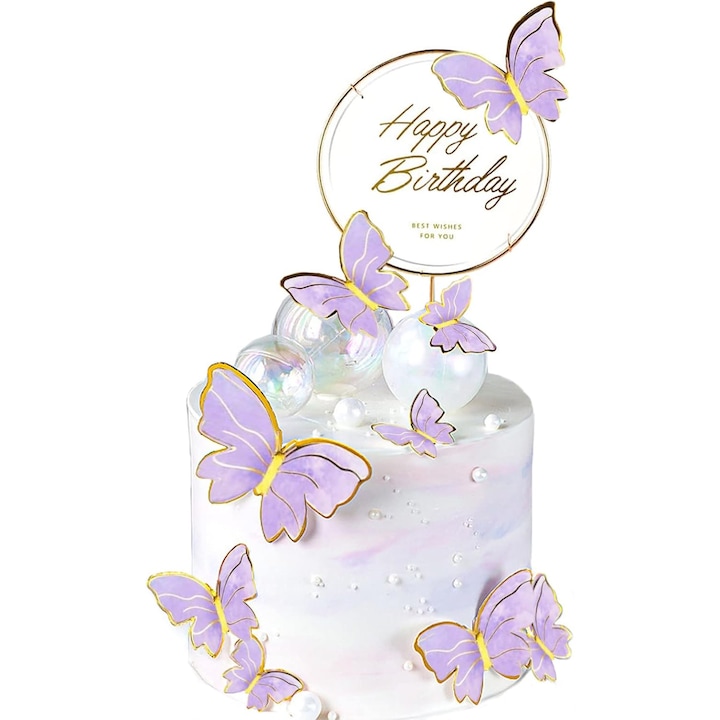 Set 11 decoratiuni tort, Fluturi de dimensiuni diferite si Topper tort "Happy Birthday", Mov/Auriu