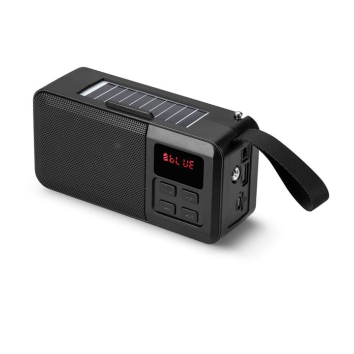 Преносима колонка със соларно зареждане MADGENIX, FM радио, Bluetooth, фенерче, стойка за телефон, USB, microSD карта, AUX, черна