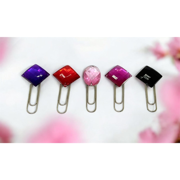 Agrafe de birou cu pietre colorate, set 5bc, semn de carte deosebit, 6cm x3 cm