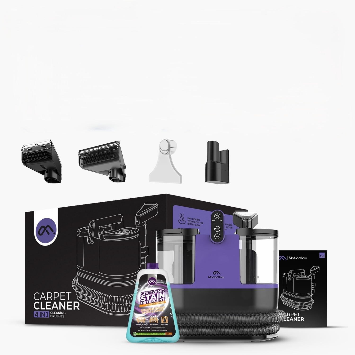 Motionflow Aspirator/Uscator pentru Covor si Tapiterie cu Functie de Incalzire – 1200 W, Covoare, Canapele, Scaune Auto si Alte Suprafete, 4 Perii Interchangeabile, Auto-Curatare