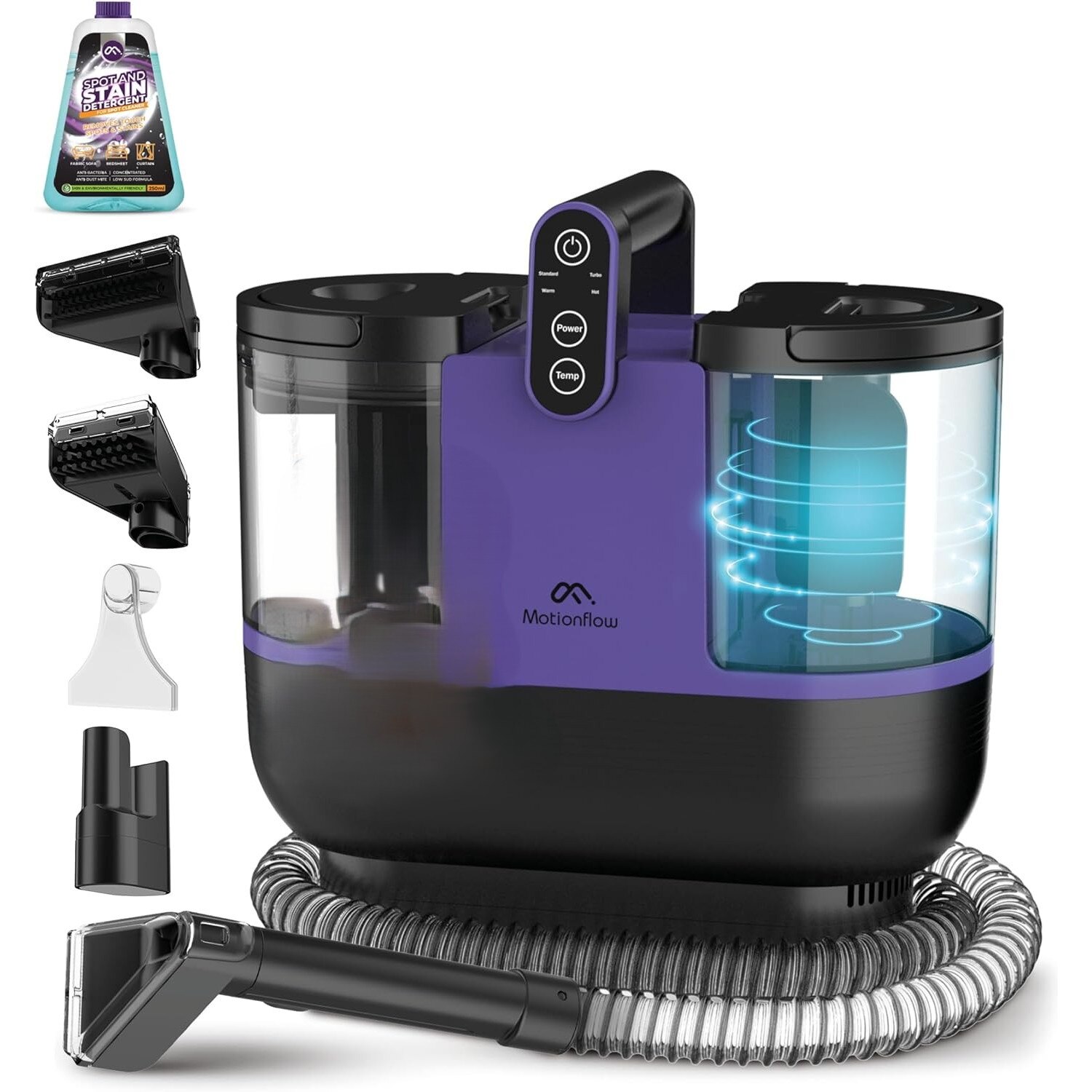 Motionflow Aspirator/Uscator pentru Covor si Tapiterie cu Functie de Incalzire – 1200 W, Covoare, Canapele, Scaune Auto si Alte Suprafete, 4 Perii Interchangeabile, Auto-Curatare
