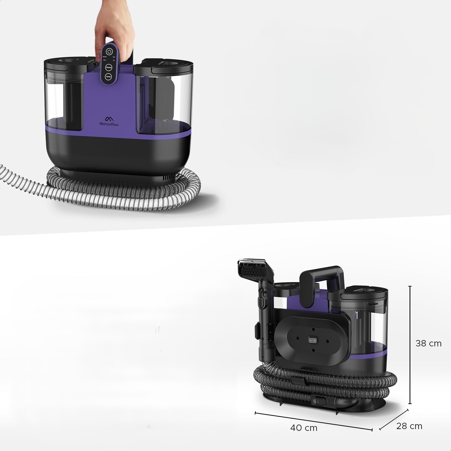 Motionflow Aspirator/Uscator pentru Covor si Tapiterie cu Functie de Incalzire – 1200 W, Covoare, Canapele, Scaune Auto si Alte Suprafete, 4 Perii Interchangeabile, Auto-Curatare