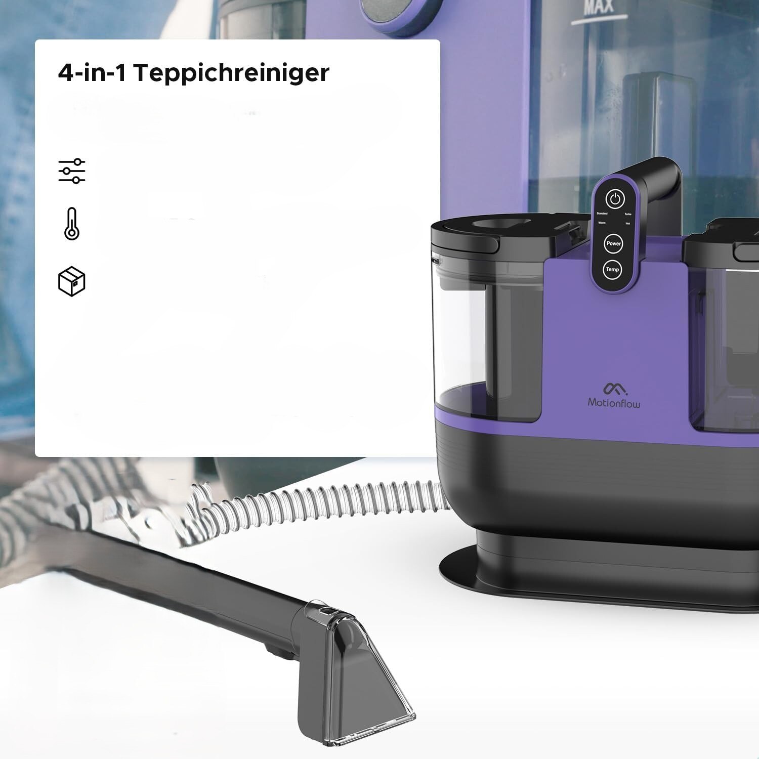 Motionflow Aspirator/Uscator pentru Covor si Tapiterie cu Functie de Incalzire – 1200 W, Covoare, Canapele, Scaune Auto si Alte Suprafete, 4 Perii Interchangeabile, Auto-Curatare