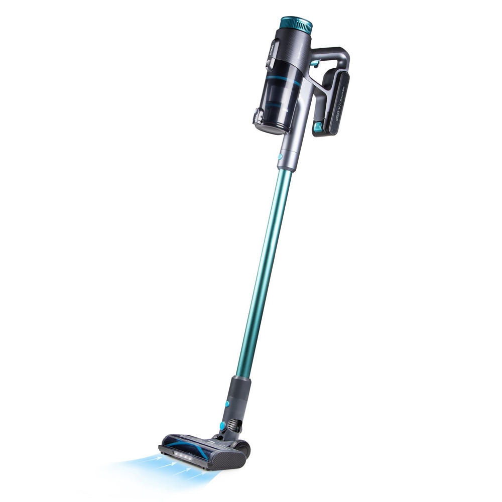 Aspirator multifunctional 2in1 fara sac si fara fir DOMO, aspirator vertical/de mana, perie cu iluminare LED, tehnologie Cyclon de filtrare, 3 trepte de putere, mod Auto, panou de control LED, afisaj digital baterie, 450 W, turcoaz