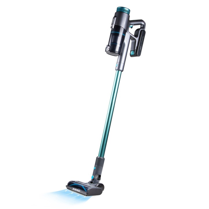 Aspirator multifunctional 2in1 fara sac si fara fir DOMO, aspirator vertical/de mana, perie cu iluminare LED, tehnologie Cyclon de filtrare, 3 trepte de putere, mod Auto, panou de control LED, afisaj digital baterie, 450 W, turcoaz