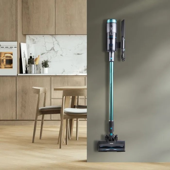 Aspirator multifunctional 2in1 fara sac si fara fir DOMO, aspirator vertical/de mana, perie cu iluminare LED, tehnologie Cyclon de filtrare, 3 trepte de putere, mod Auto, panou de control LED, afisaj digital baterie, 450 W, turcoaz