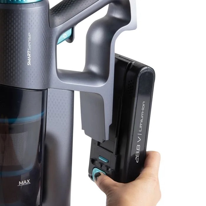 Aspirator multifunctional 2in1 fara sac si fara fir DOMO, aspirator vertical/de mana, perie cu iluminare LED, tehnologie Cyclon de filtrare, 3 trepte de putere, mod Auto, panou de control LED, afisaj digital baterie, 450 W, turcoaz