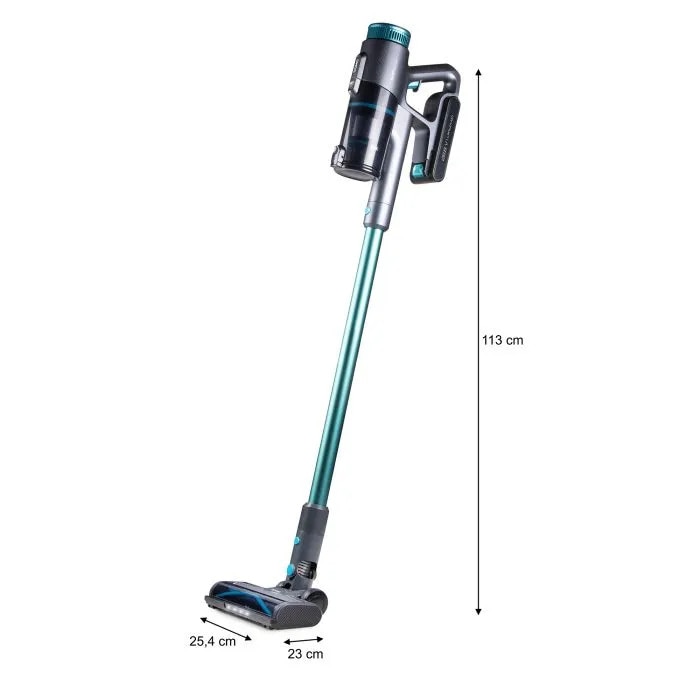 Aspirator multifunctional 2in1 fara sac si fara fir DOMO, aspirator vertical/de mana, perie cu iluminare LED, tehnologie Cyclon de filtrare, 3 trepte de putere, mod Auto, panou de control LED, afisaj digital baterie, 450 W, turcoaz