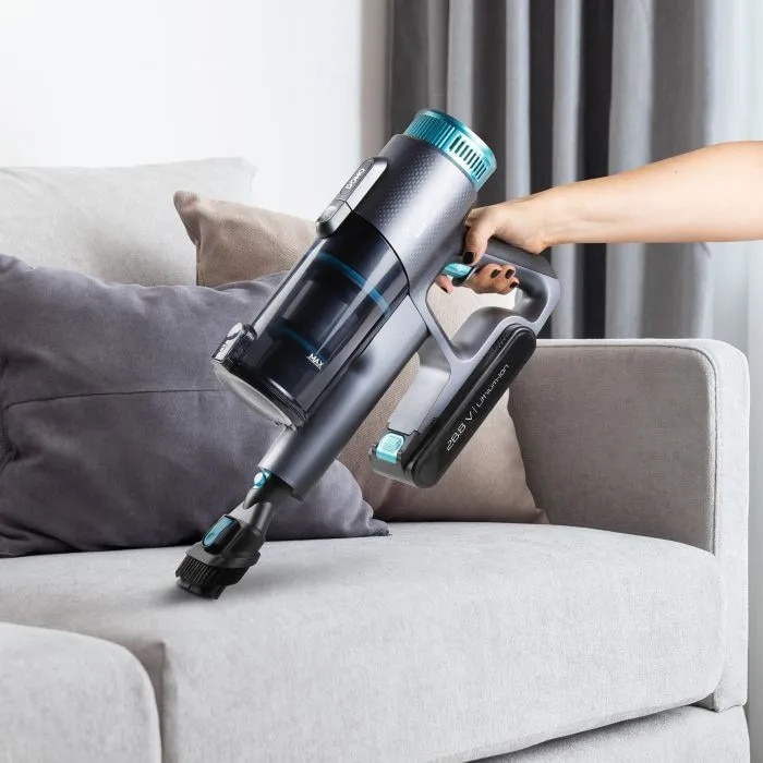 Aspirator multifunctional 2in1 fara sac si fara fir DOMO, aspirator vertical/de mana, perie cu iluminare LED, tehnologie Cyclon de filtrare, 3 trepte de putere, mod Auto, panou de control LED, afisaj digital baterie, 450 W, turcoaz