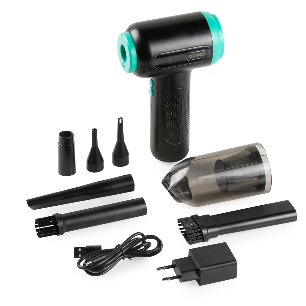 Aspirator de mana fara fir 2in1 DOMO, suflanta aer, autonomie 30 min, motor 90000 RPM, presiune aer 16 kPa, perii interschimbabile, iluminare LED, rezervor detasabil, filtru de praf lavabil, control pe maner, zgomot redus, ergonomic, negru