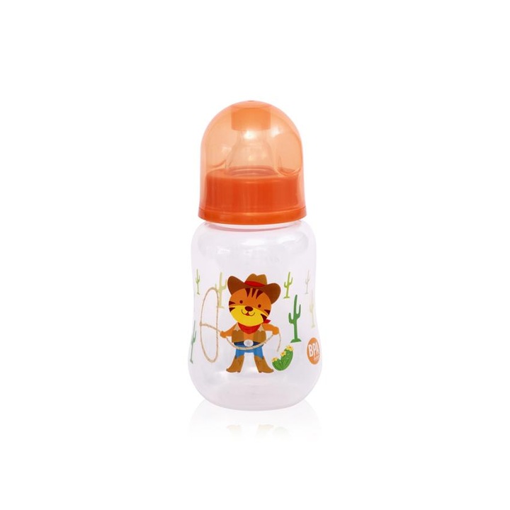 Biberon Gradat Ergonomic Lorelli Baby Care Easy Grip Feeding Bottle, Tetina din Silicon, BPA Free, Capacitate: 125 ml, Culoare Portocaliu, Design: Tigru Cowboy : 0 luni+