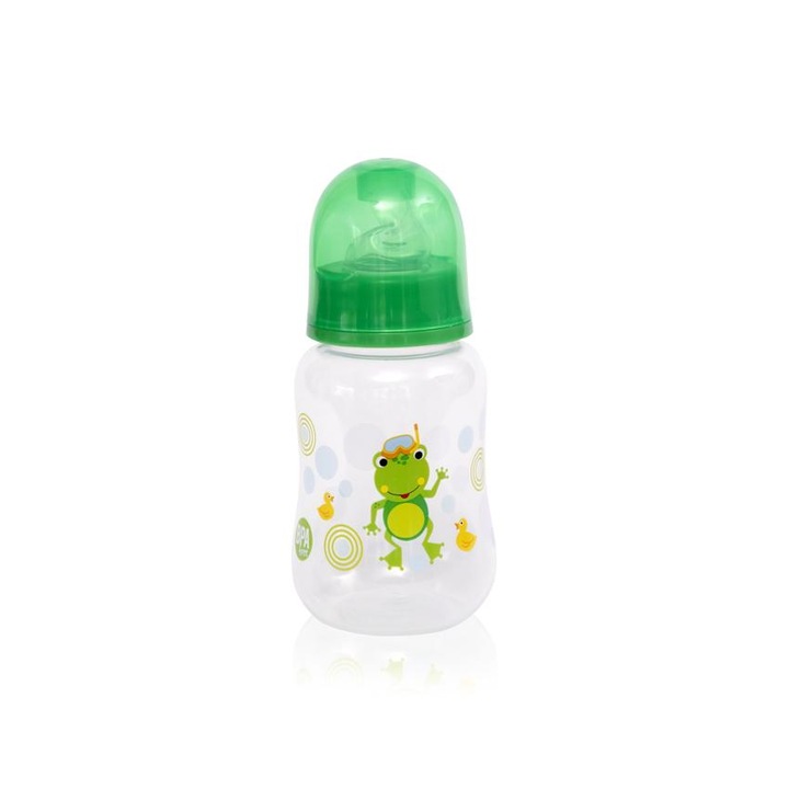 Biberon Gradat Ergonomic Lorelli Baby Care Easy Grip Feeding Bottle, Tetina din Silicon, BPA Free, Capacitate: 125 ml, Culoare Verde, Design: Broasca si Rate Galbene : 0 luni+