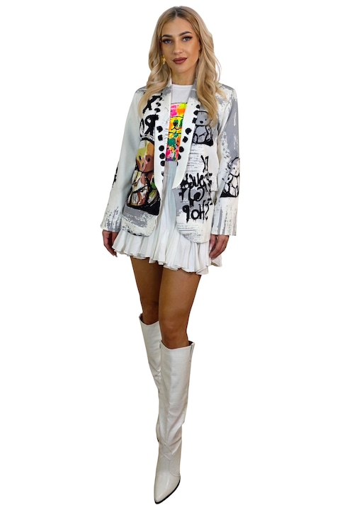 Sacou de zi GRAFFITI, cu imprimeu pop-art, Go To Shop, Alb, FashionForYou, Marime universala S/M