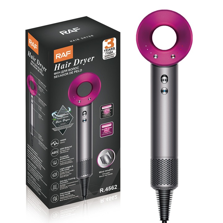 Nagy sebességű ionos hajszárító, 1600 W nagy teljesítmény, 110.000 RPM motor, 4 hőmérséklet-beállítás és 3 sebességfokozat, alacsony zajszintű kialakítás, hideglevegő gombbal és túlmelegedés elleni védelemmel, cserélhető fúvókákkal