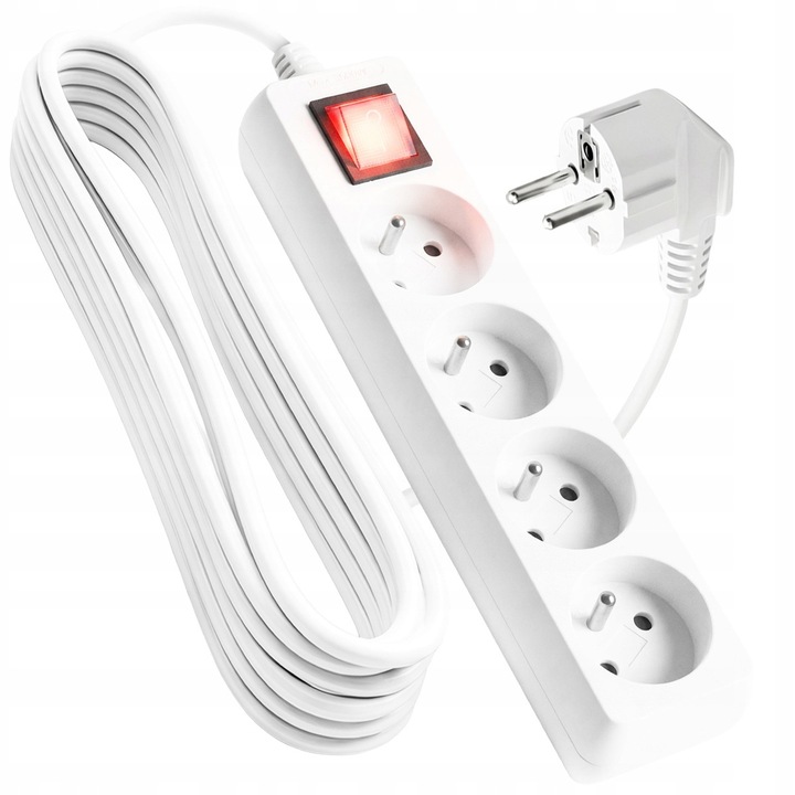 Prelungitor Vayox VA0307, cu intrerupator, 5M, 4 prize, 10A, IP20, protectie copii, Alb