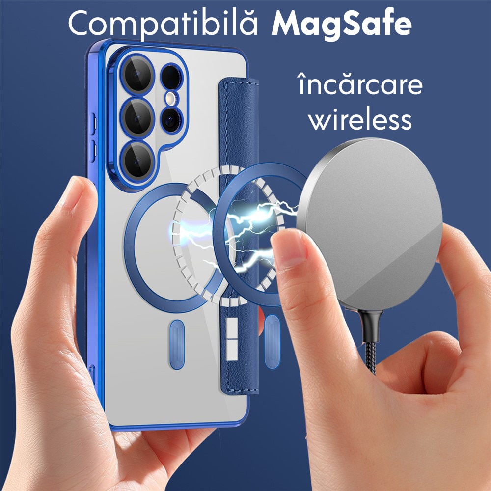 Husa tip carte pentru Samsung Galaxy S26 Ultra DaDen SmartMag, Protectie sporita, Magnet integrat, Incarcare wireless, Albastru inchis