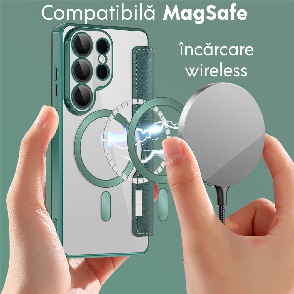 Husa tip carte pentru Samsung Galaxy S26 Ultra DaDen SmartMag, Protectie sporita, Magnet integrat, Incarcare wireless, Verde